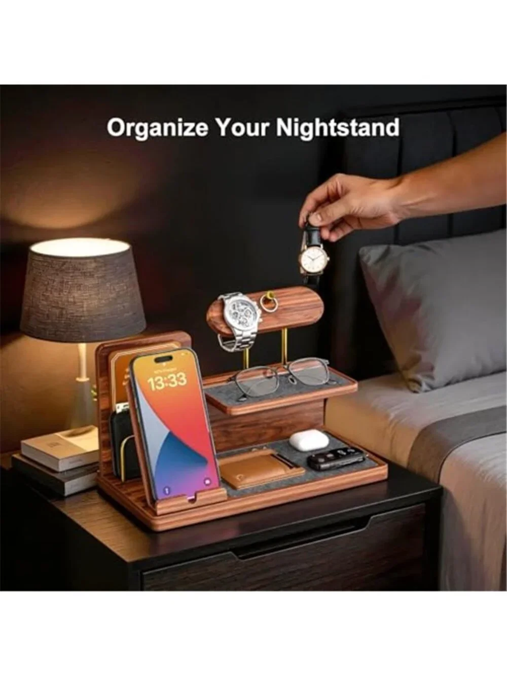 Fathers Day Gift for Dad Wooden Nightstand Organizer Stand Valet Tray